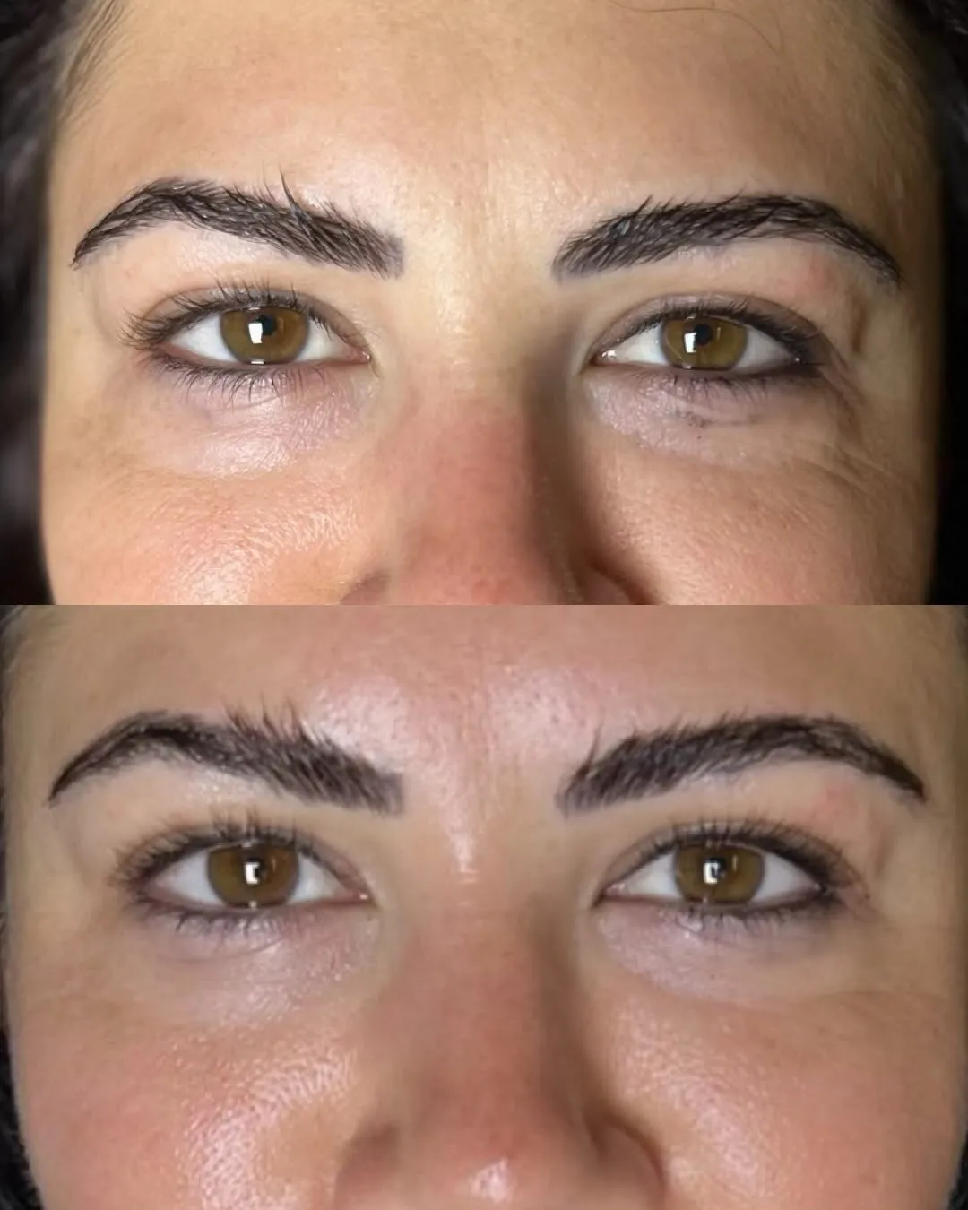 Two close-up photographs of the same eyes and brows, one above the other: before above, after below