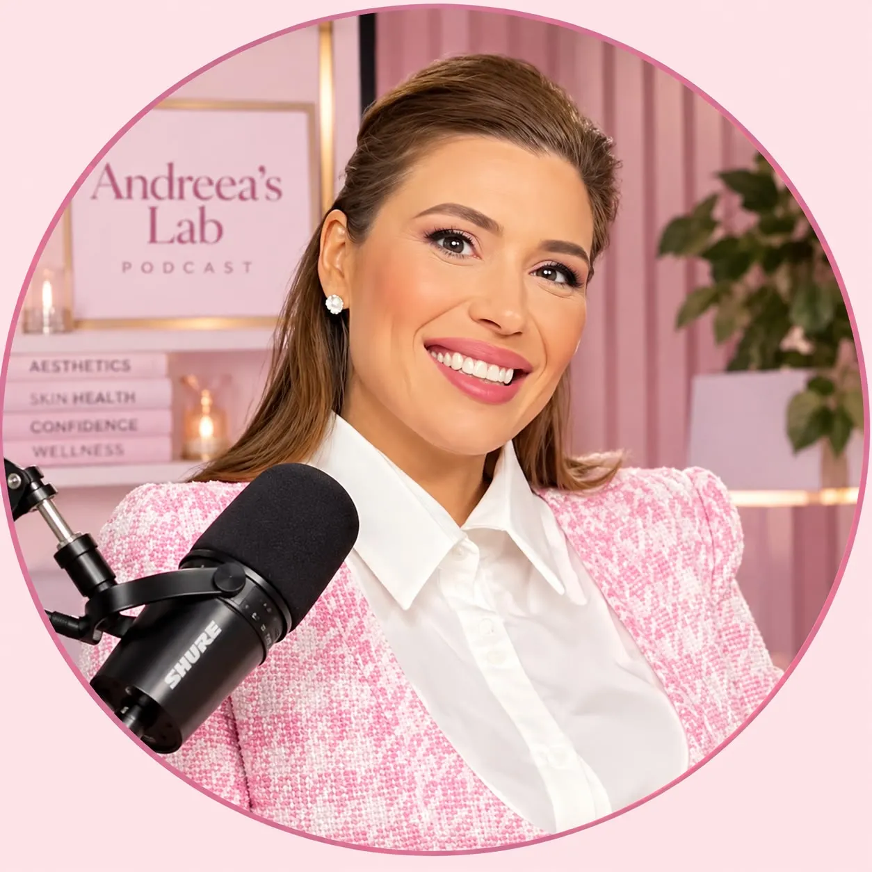 Andreea in a pink tweed jacket at a studio microphone, smiling, with an Andreea’s Lab Podcast sign behind her