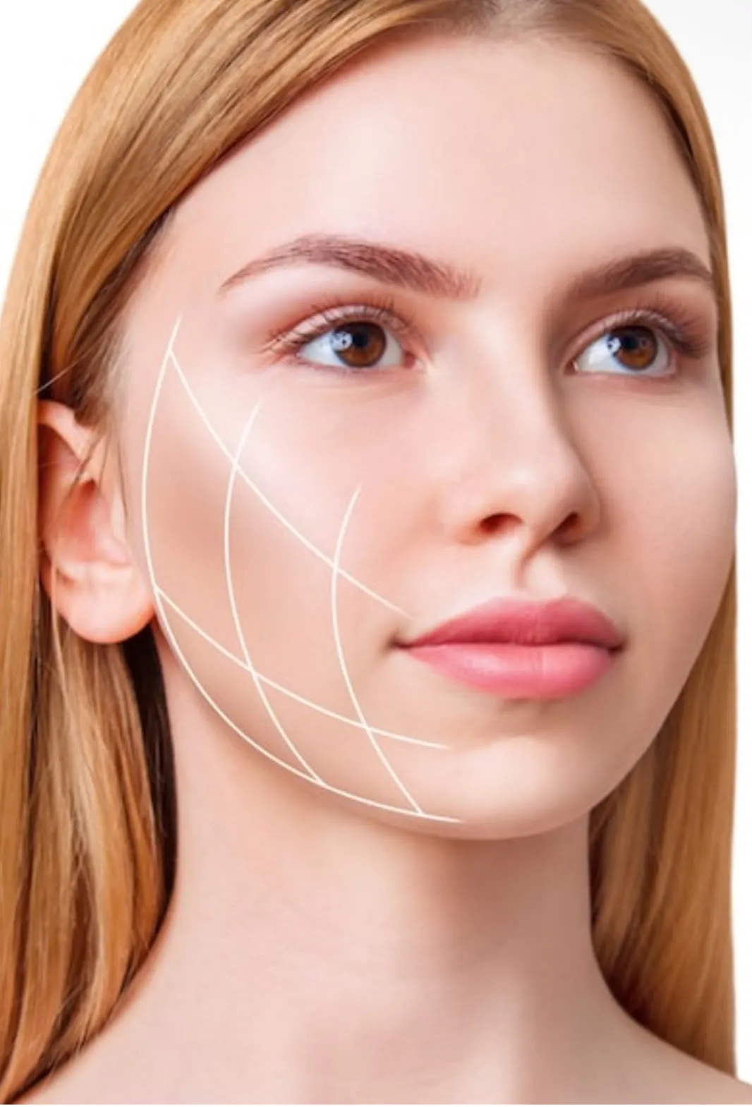 A woman’s face with curved white lines drawn along the cheek and jaw