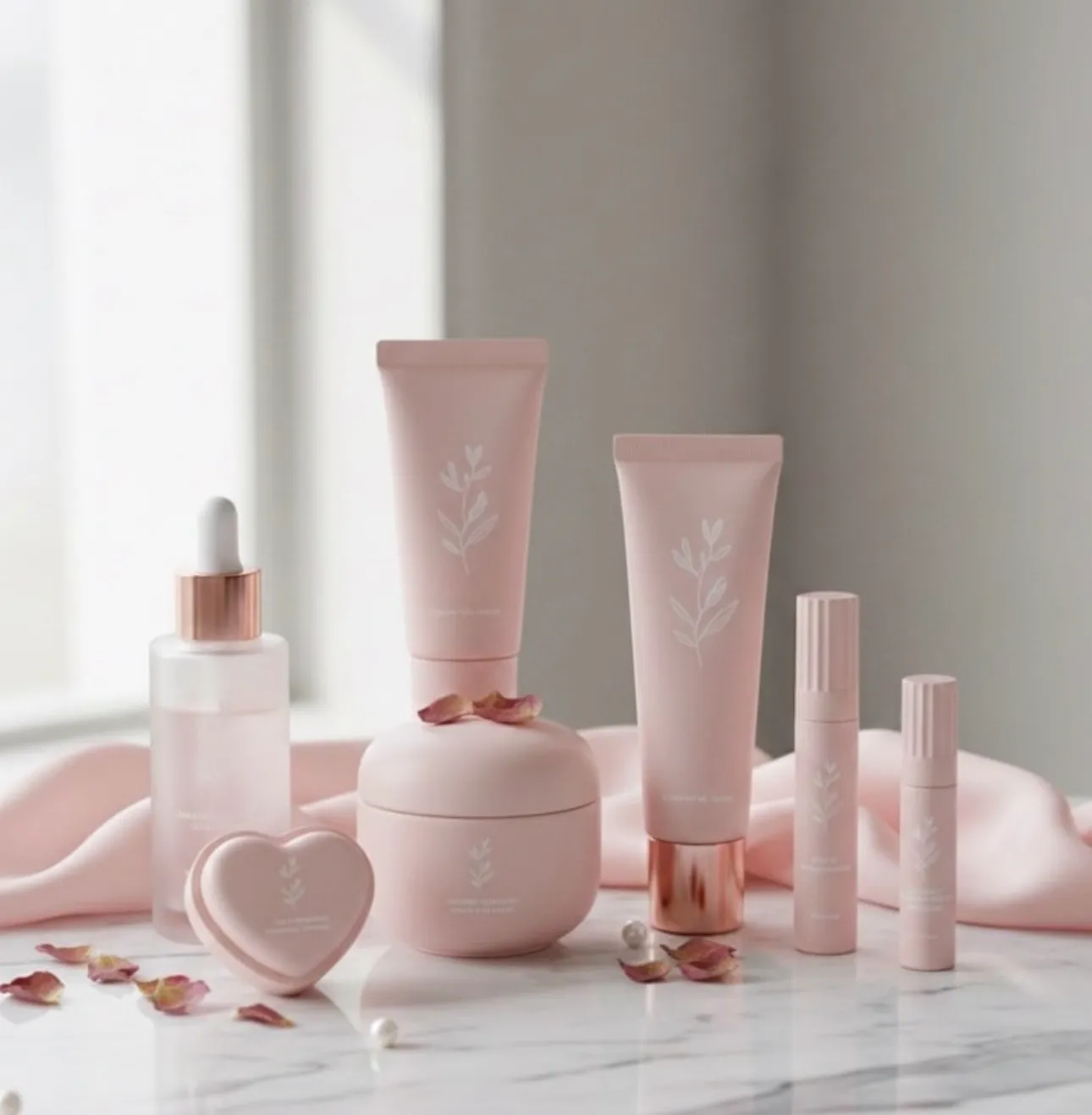 Skincare products on a marble counter